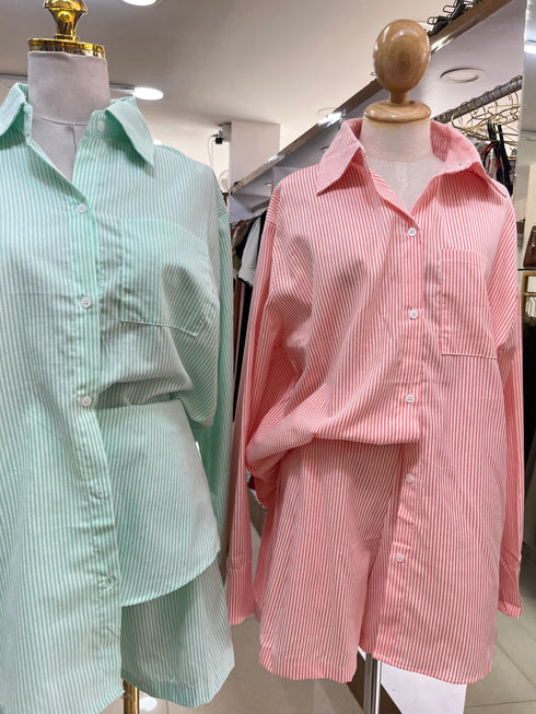 Casual Collar Down Stripes Shirts With Short Sets